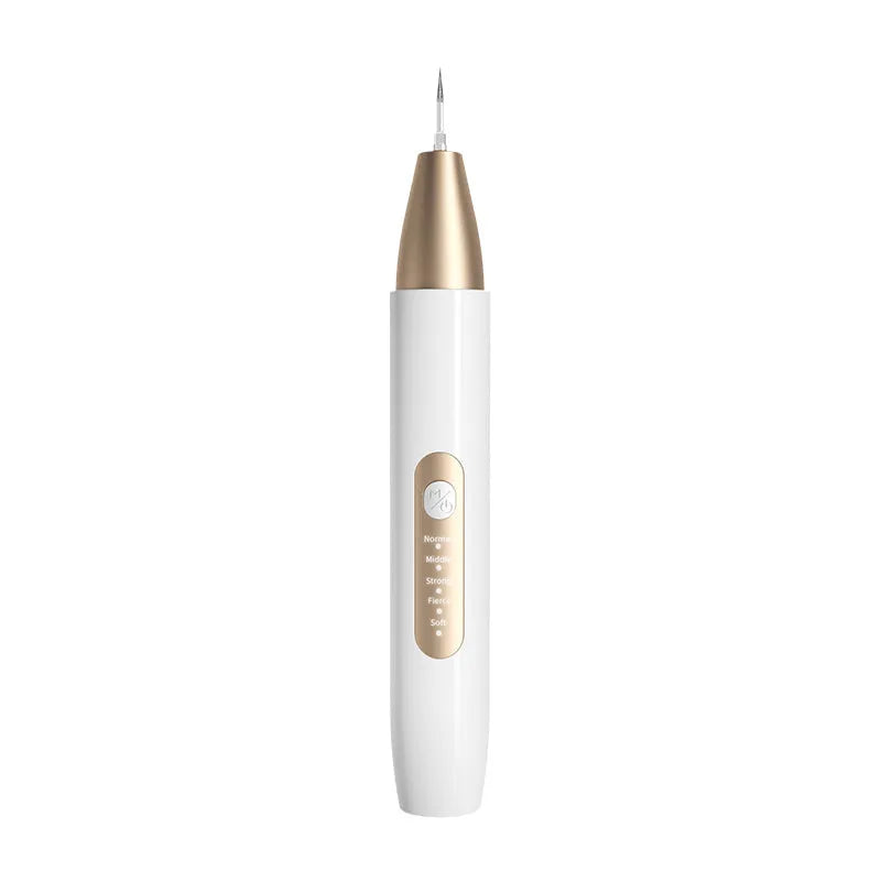 Gold-coloured handheld ultrasonic tooth cleaning device for tartar and stain removal