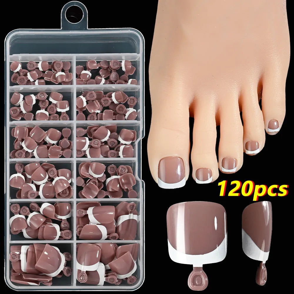 Box of 120 square short false nail pieces with French white edge design in nude colours