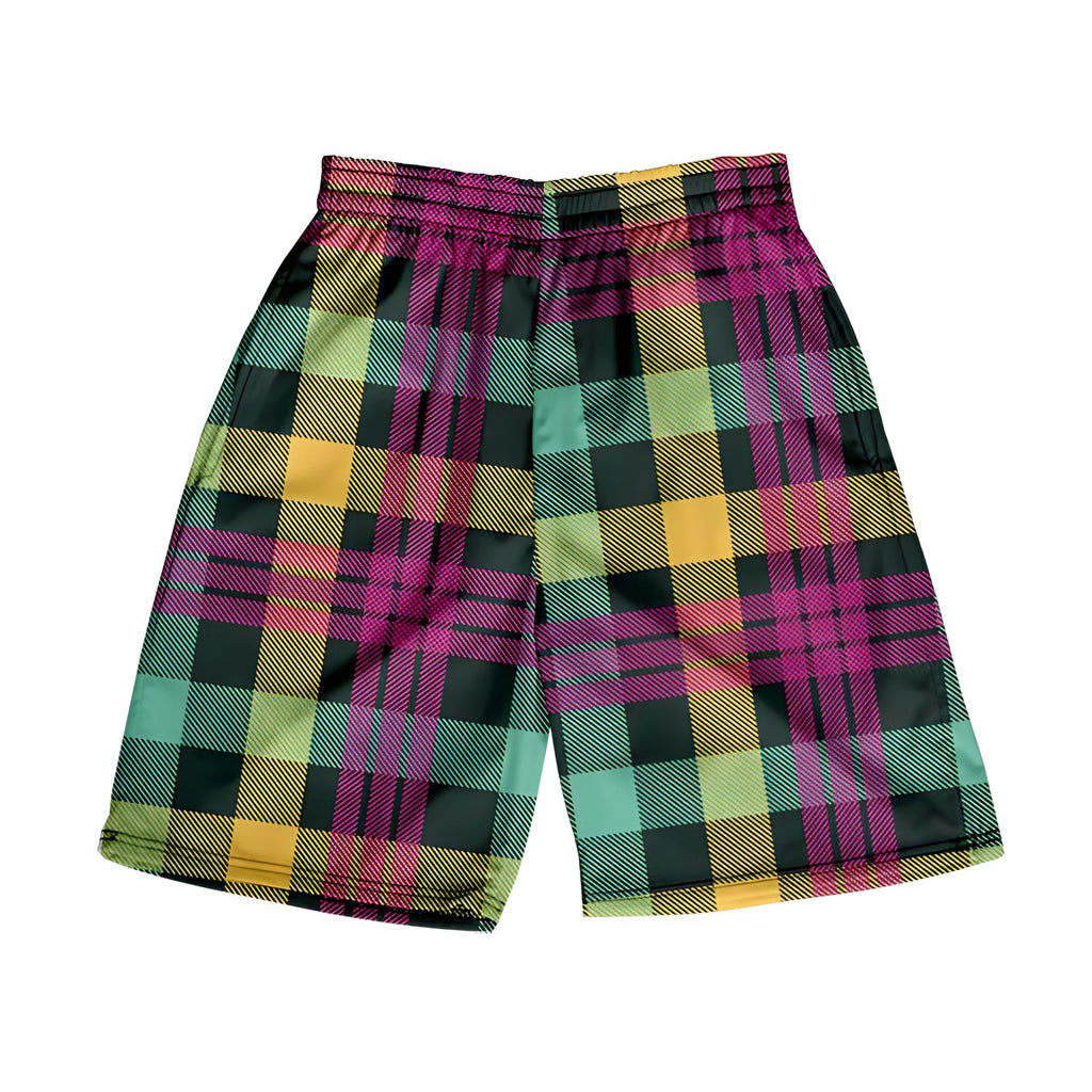 Men's plaid shorts with elastic waistband in straight leg cut for casual summer wear