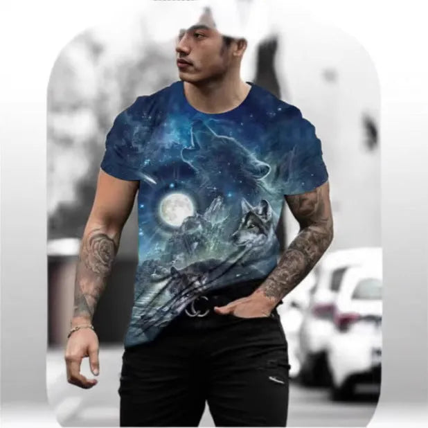 Retro 3D animal print design on a men's light grey short-sleeved t-shirt.