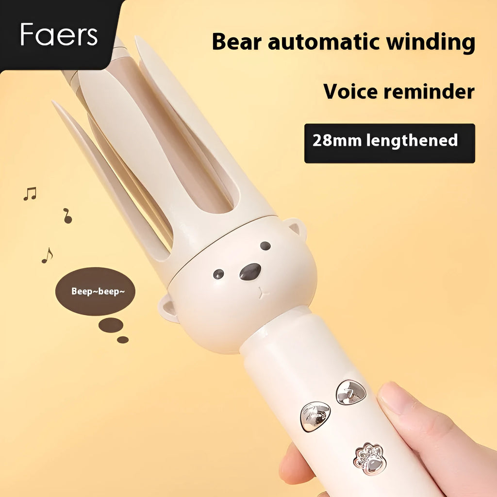 Beige anion automatic hair curler with UK plug on a styling wand.