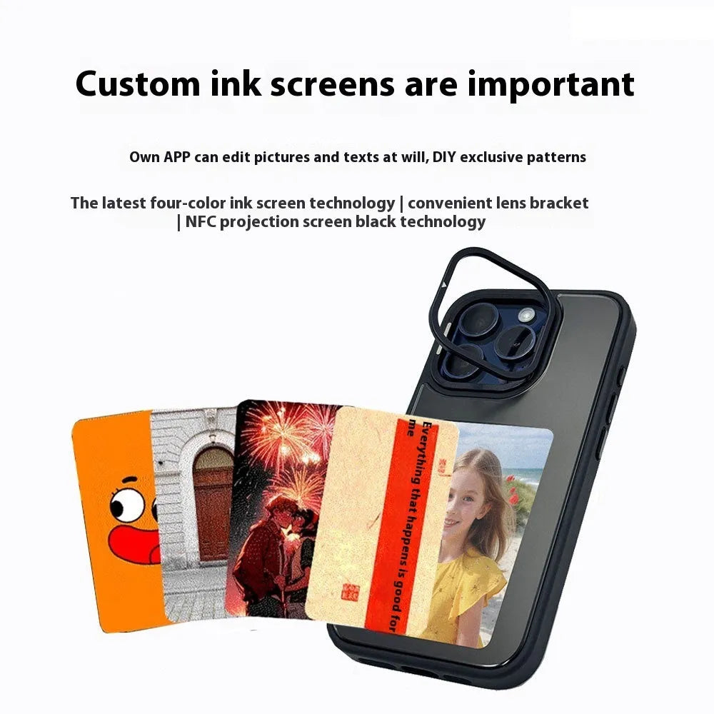 NFC projection screen bracket phone case for iPhone in graphite black, pink, and green colours.