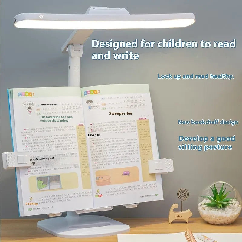 Adjustable LED table lamp with bookshelf design showing three colour temperature settings and charging cable