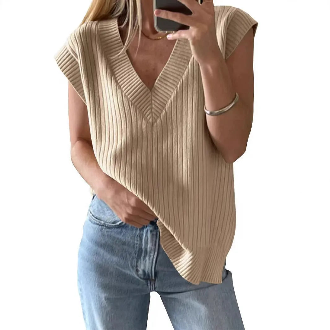 Women's V-neck sleeveless vest in striped viscose fabric with loose fit