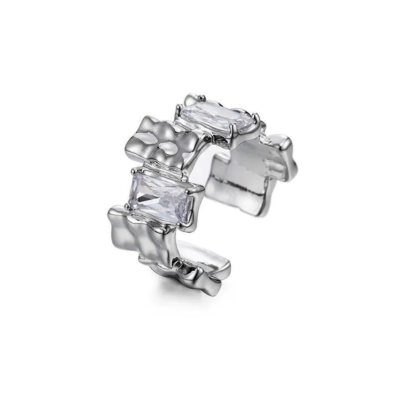 Geometric open silver ring with cross zircon decoration in retro style