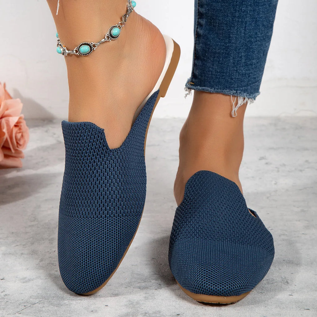 Mesh slip-on sandals in apricot colour with round toe and flat rubber sole