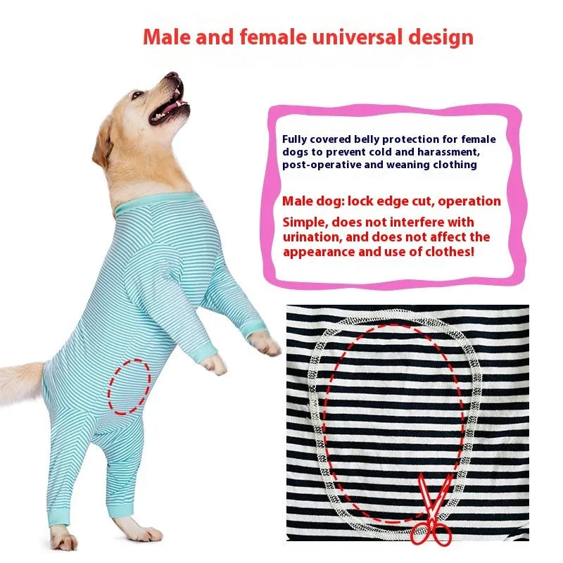 Striped four-legged dog shirt on a mannequin showing sky blue, black dark blue stripe, and brown colour options.