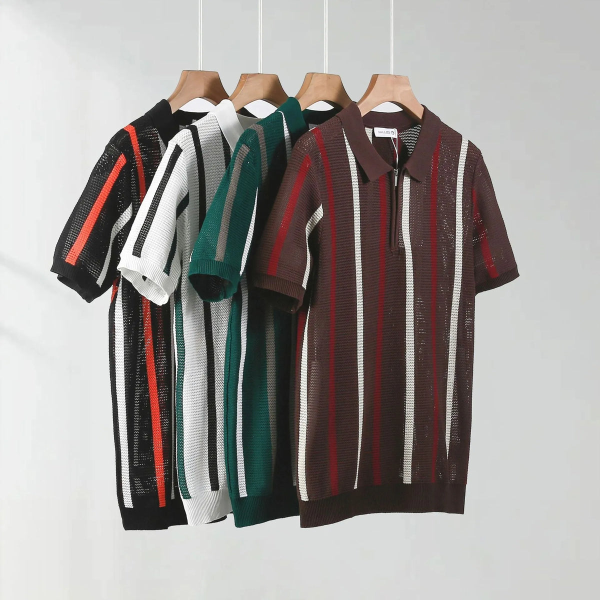 Men's black hollow mesh short-sleeved polo shirt with full-length front zipper decoration