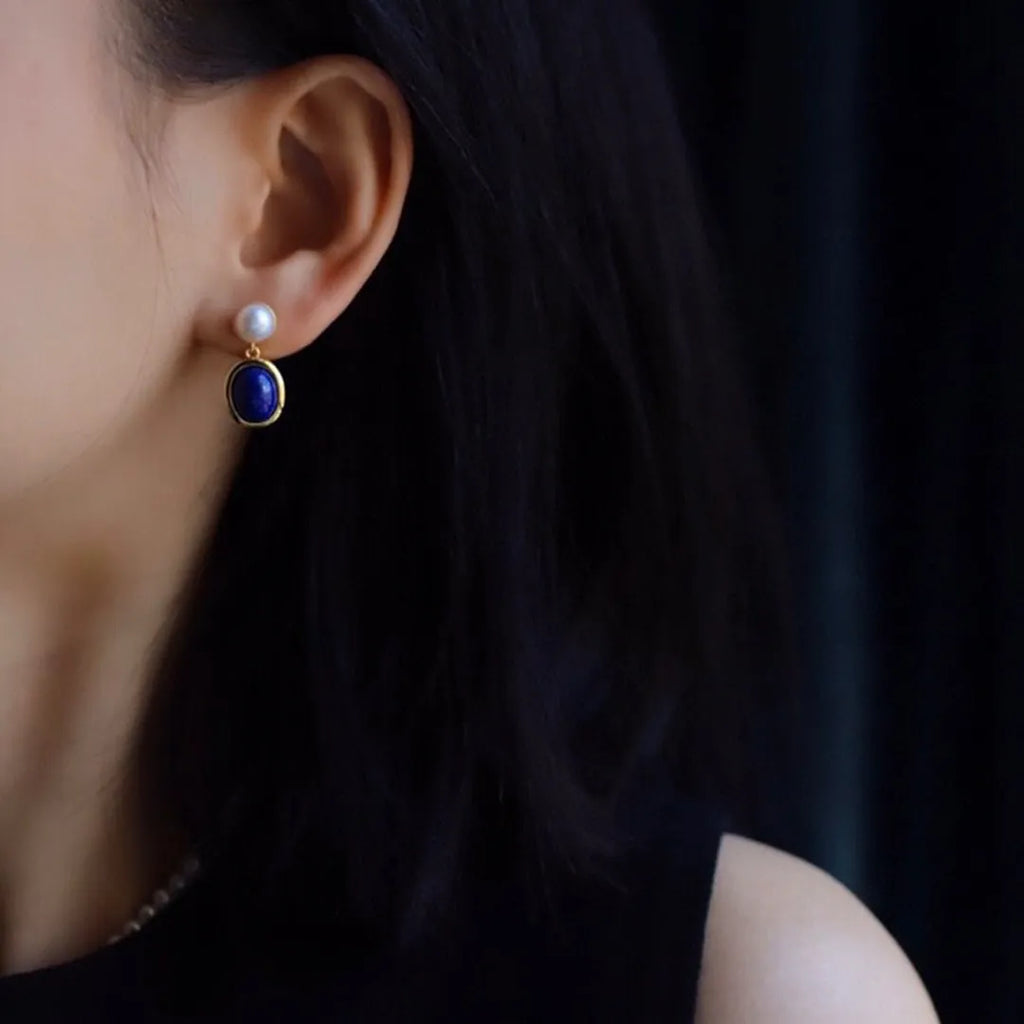 Natural lapis lazuli pearl earrings made from 925 silver with auspicious patterns