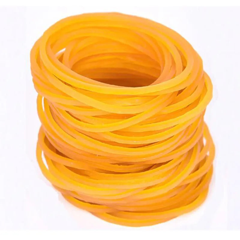 500g bulk pack of assorted yellow rubber bands showing different sizes from 25mm to 70mm diameter.