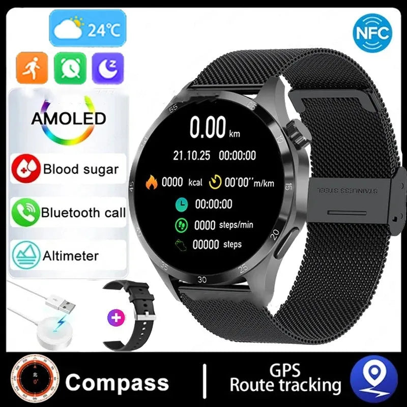 Black Bluetooth smartwatch with touchscreen showing health stats, available with silicone or Milan mesh strap.
