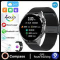 Black Bluetooth smartwatch with touchscreen showing health stats, available with silicone or Milan mesh strap.