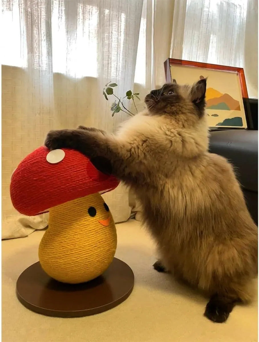 Foldable round mushroom-shaped cat scratcher lounge made from corrugated cardboard