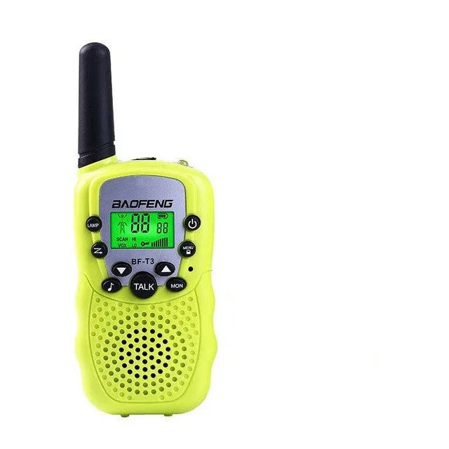 Child holding colourful walkie talkie with antenna extended, showing 22-channel display