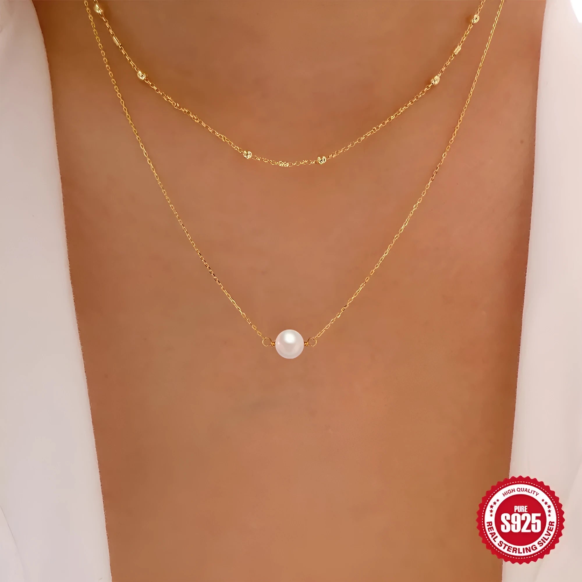 S925 sterling silver double layer necklace with twin pearl accents in gold colour