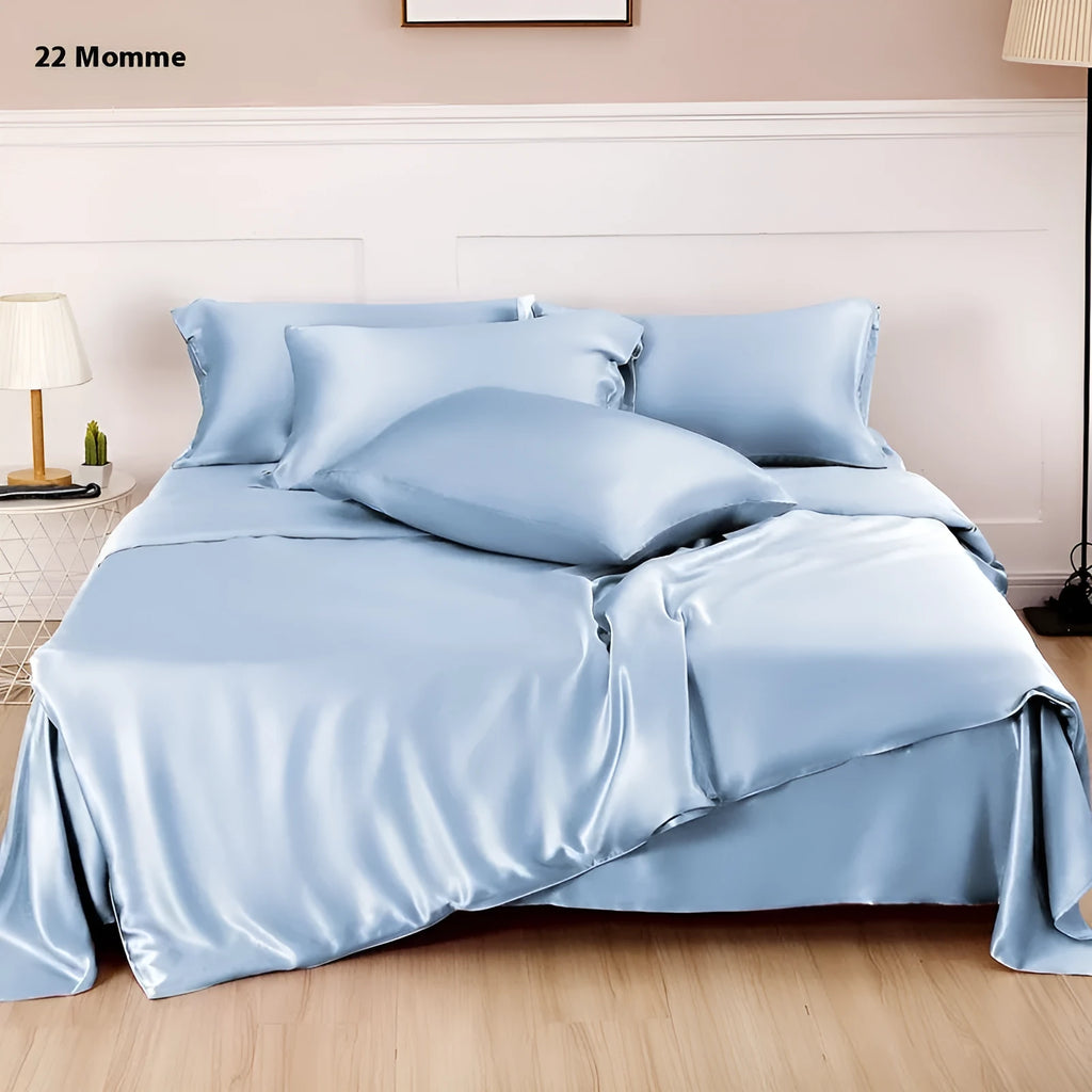 Double-sided solid colour silk duvet cover in Lotus Pink, pea green, bright brown, mysterious purple, white or silver blue.
