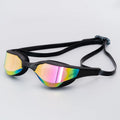 Racing style swimming goggles with anti-fog lenses in a case, shown with spare nose bridges.