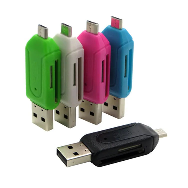 White OTG card reader with micro USB connector for Android phones and computers showing SD and TF card slots