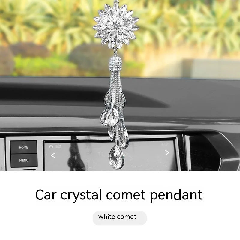 Car hanging ornament with comet and six water drop pendants, stainless steel, about 30cm long, in pink, purple, or white.
