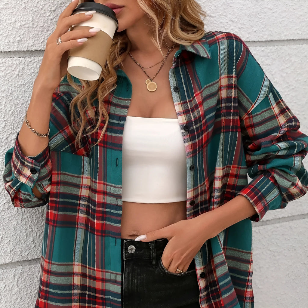 Women's loose fit long sleeve plaid shirt in cotton, shown in black, green, and purple colour options.