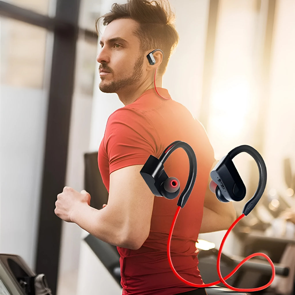 Wireless neck mounted Bluetooth earphones in black colour with neckband design and in-ear speakers