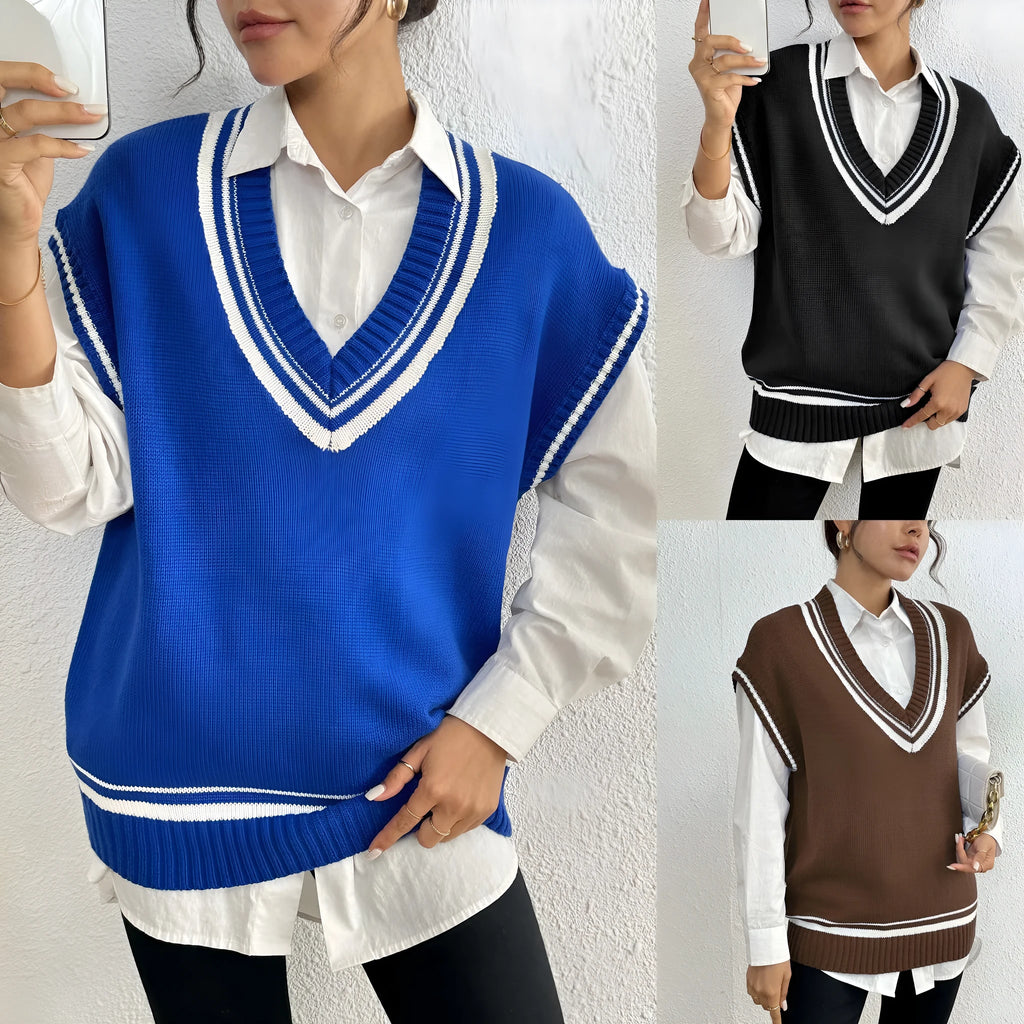 Blue loose women's wool vest sweater with a casual pullover design.