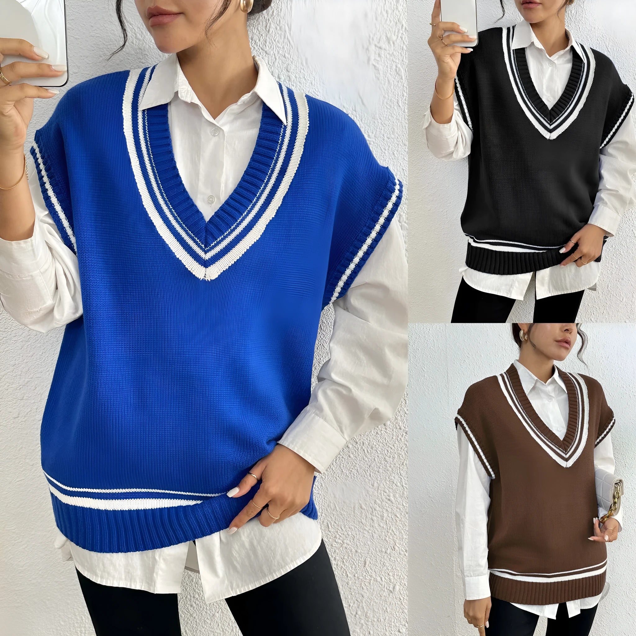 Blue loose women's wool vest sweater with a casual pullover design.