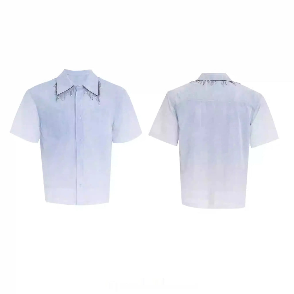 Blue gradient half-sleeve casual summer shirt with loose fit on hanger