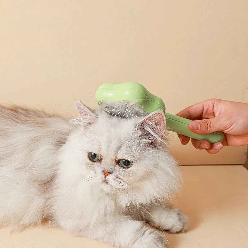 Green self-cleaning cat comb with stainless steel pins on a white background