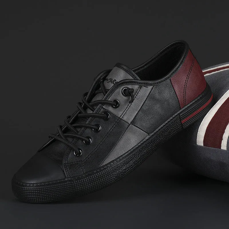 Men's microfiber leather casual shoes with elastic band closure and flat rubber sole
