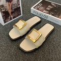 Women's apricot, black, and khaki flat summer slippers with a PVC sole.