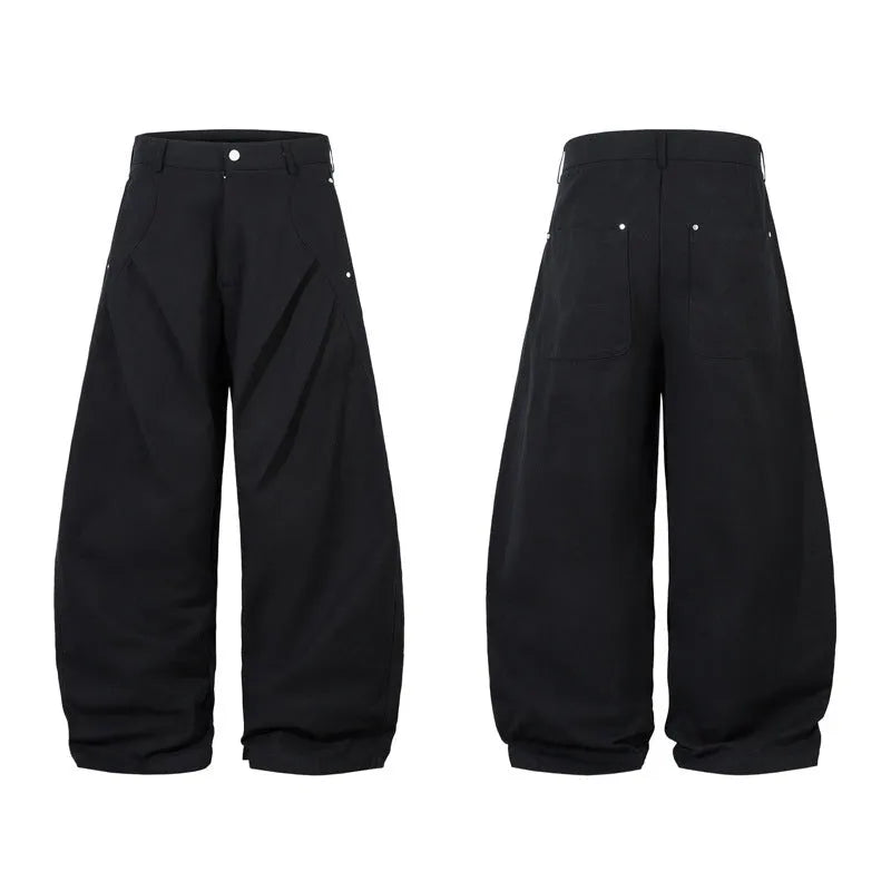 Men's black pleated machete casual trousers with wide-leg loose fit and cotton fabric