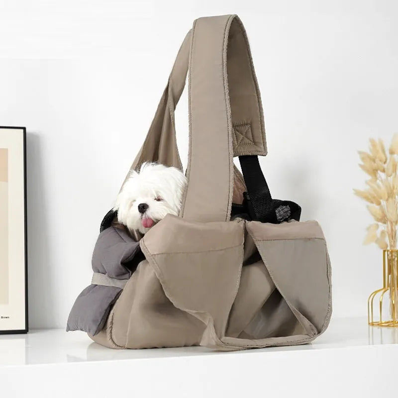Apricot cloth pet carrier handbag showing 41x16x28cm dimensions and carrying handles
