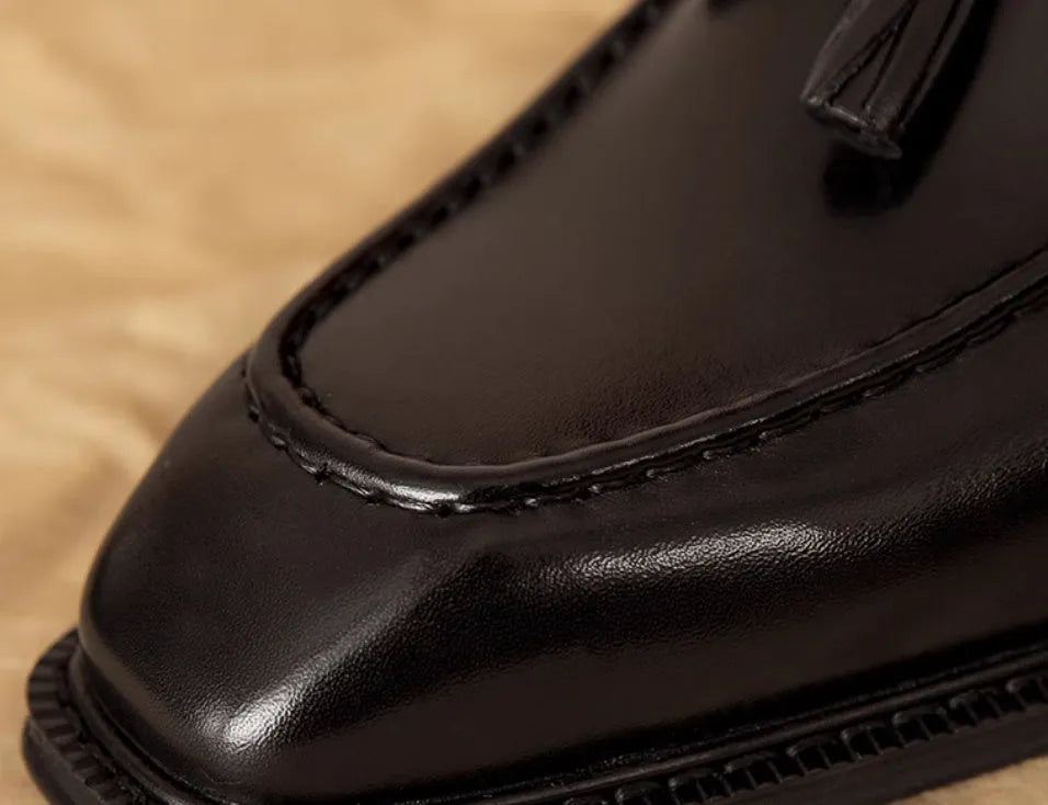 Men's black genuine leather slip-on loafers with rubber sole