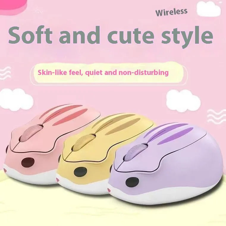Hamster 109E Bluetooth wireless mute mouse in yellow, pink, and grey colours, showing compact size.