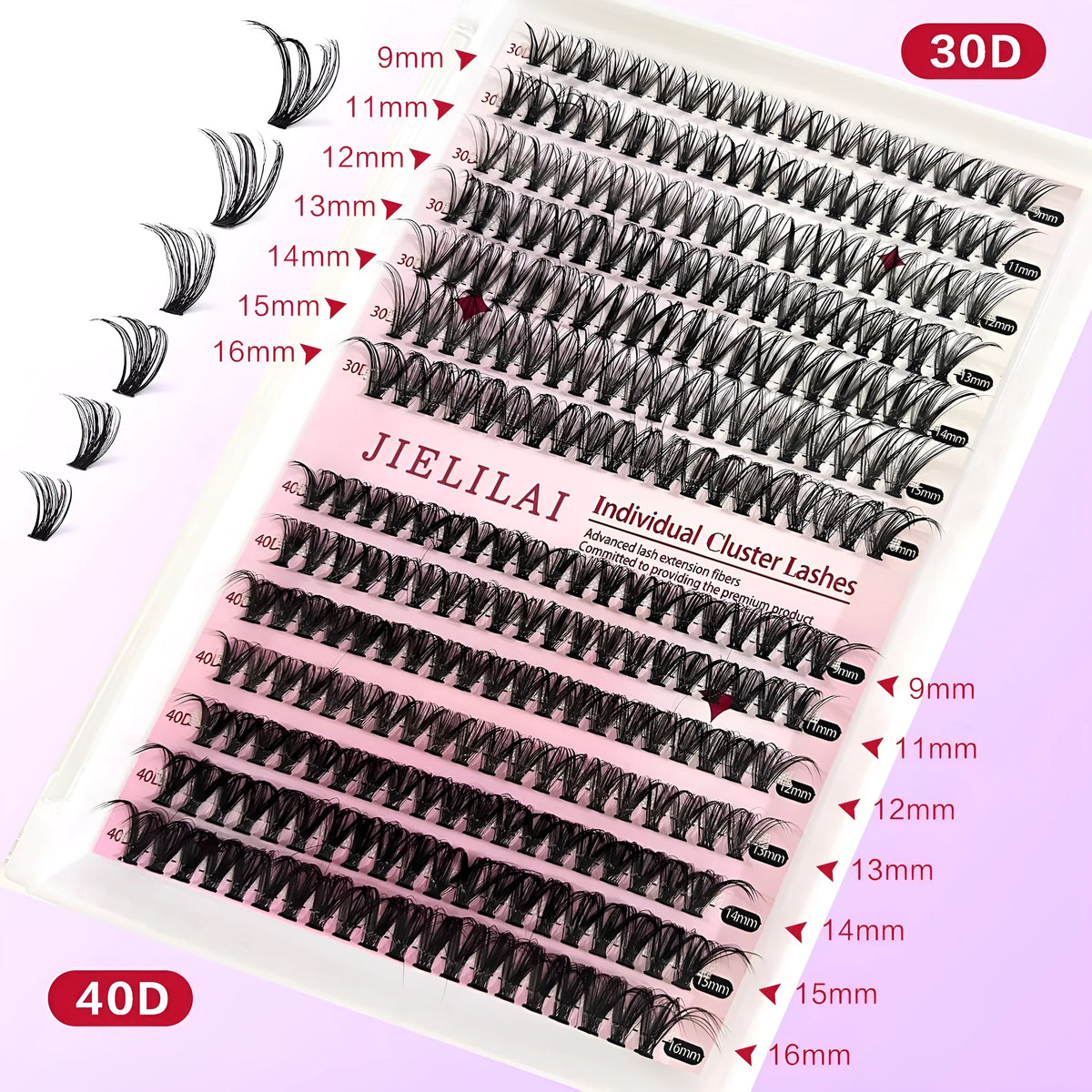 DIY cluster false eyelashes mixed package showing 30D and 40D densities in 9-16mm lengths with tweezers