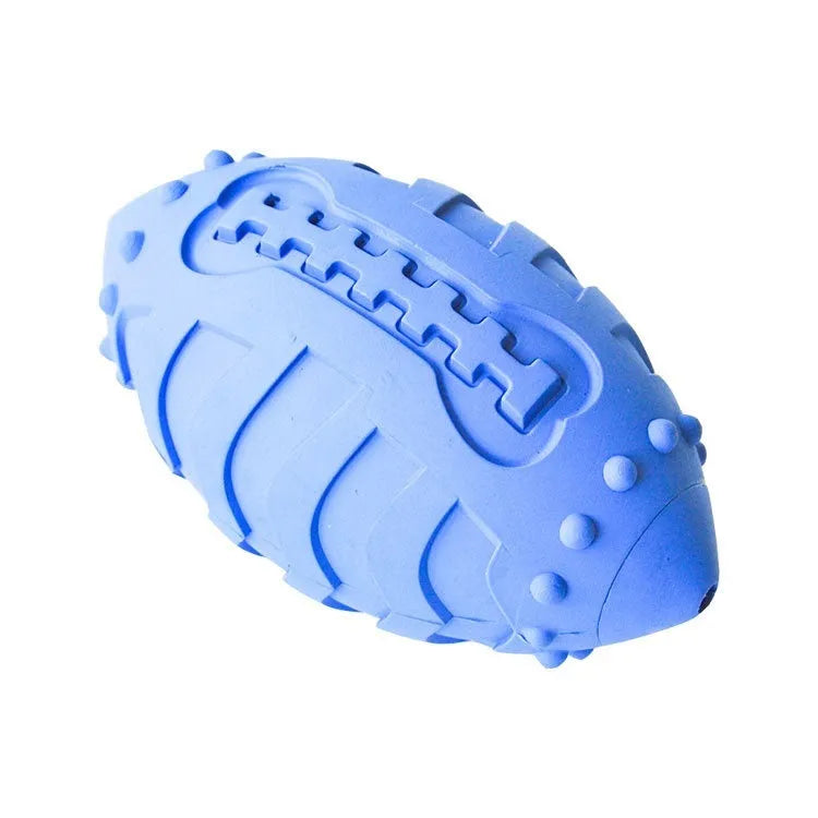 Thickened rubber rugby ball dog toy in light green or sapphire blue for interactive training