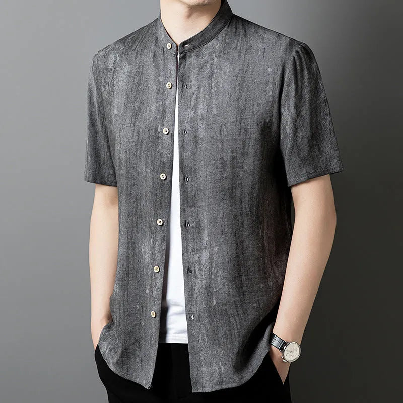 Men's loose linen-style cardigan in solid colour with stand collar, shown in black grey and white grey options