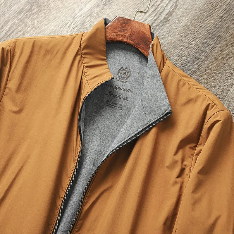 Men's stand collar business casual jacket in polyester with cotton lining, shown in Army Green colour