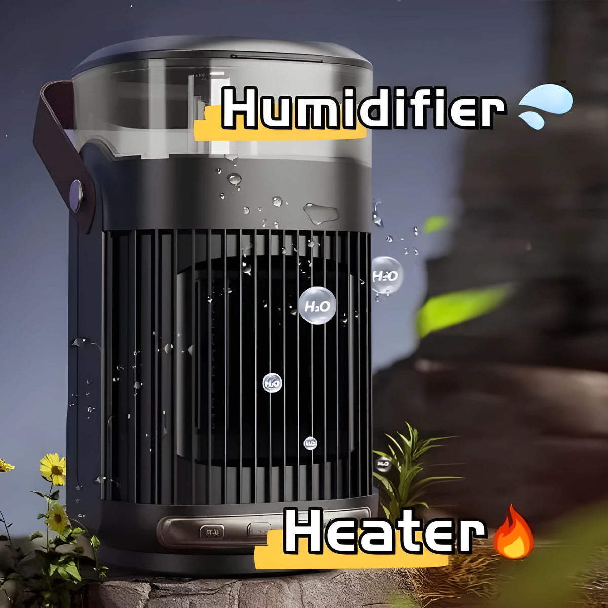 Black portable PTC heater with humidifier, showing front control panel and compact design.