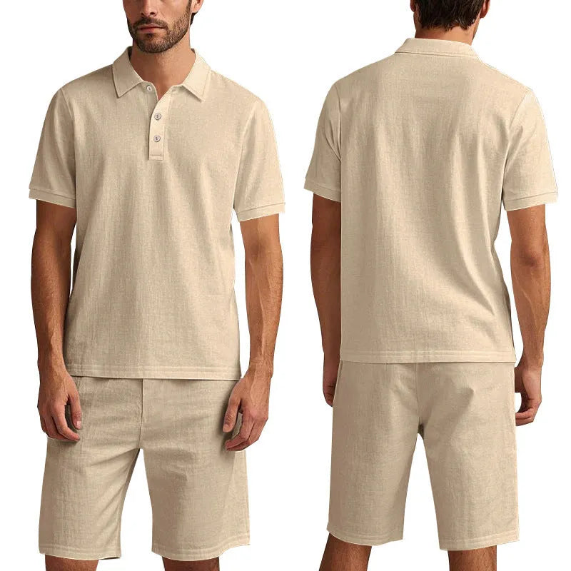 Men's loose fit apricot linen blend short sleeve shirt and shorts set for summer