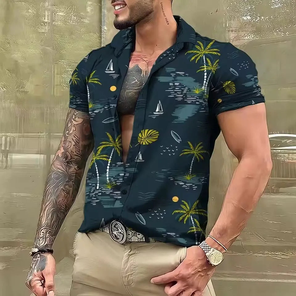 Men's floral printed short sleeve shirt in loose cardigan style for summer wear