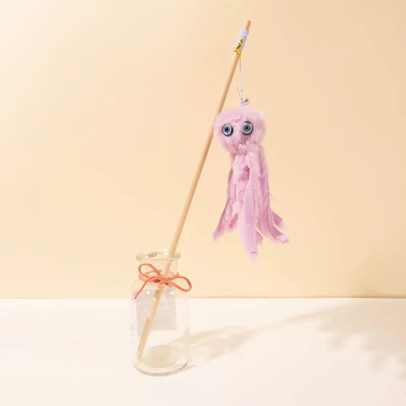 Furry octopus cat toy attached to long stick for interactive indoor play with kittens