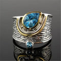 Blue alloy women's ring with Chinese style design and inlaid rhinestone zircon in drop shape