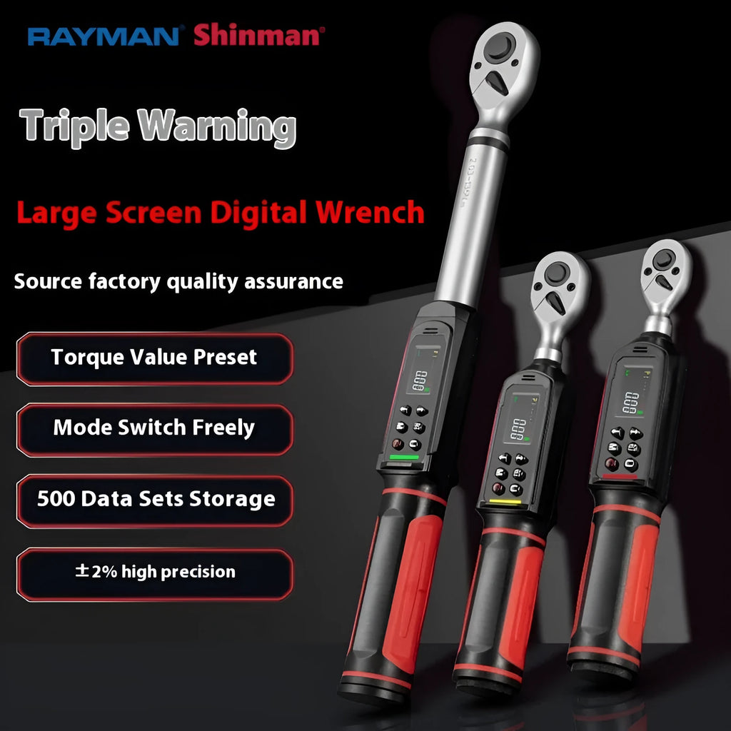 Electronic digital display torque wrench with LCD screen on chrome-vanadium steel shaft.