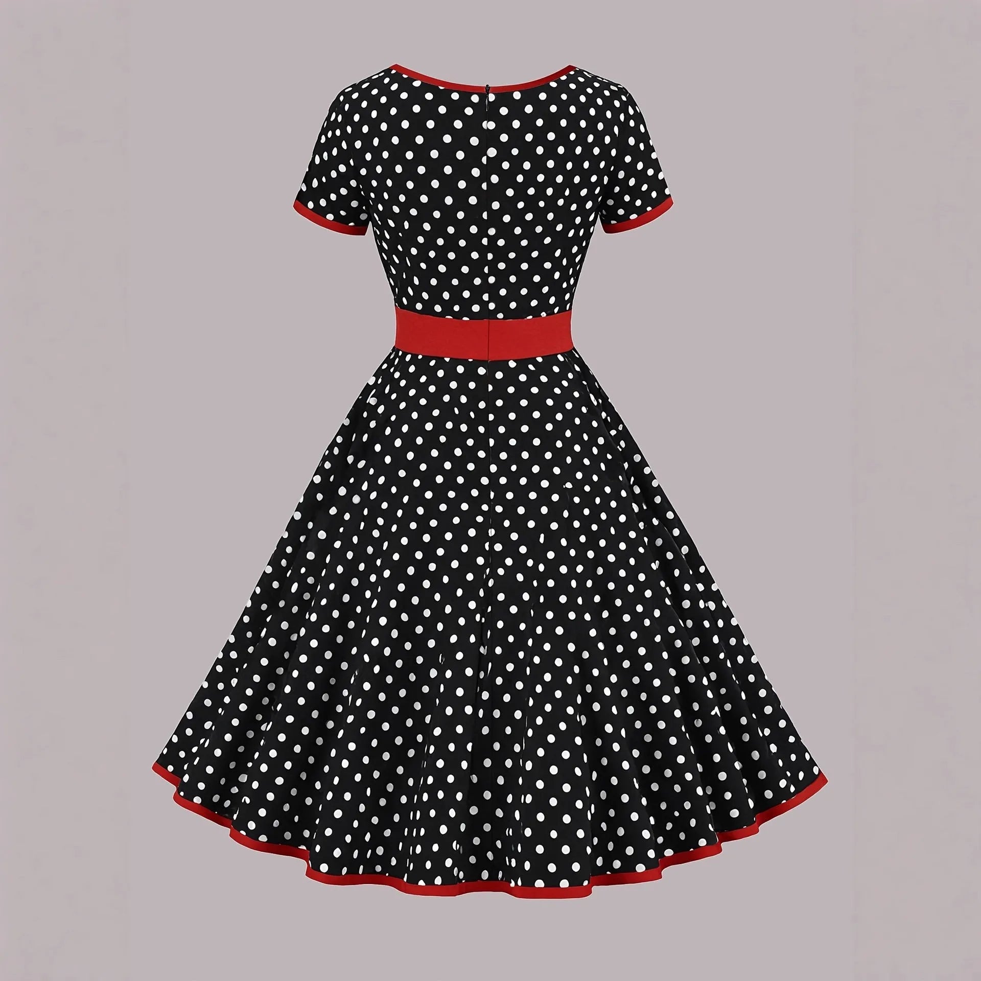 Multicolour polka dot pleated dress with square collar and short sleeves.