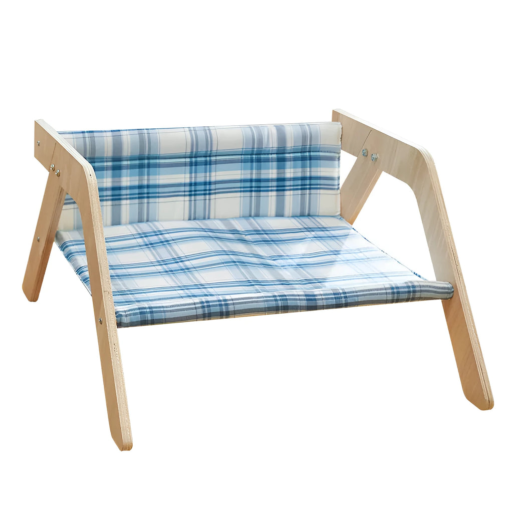 Wooden elevated cat bed with blue cloth hammock for indoor feline lounging