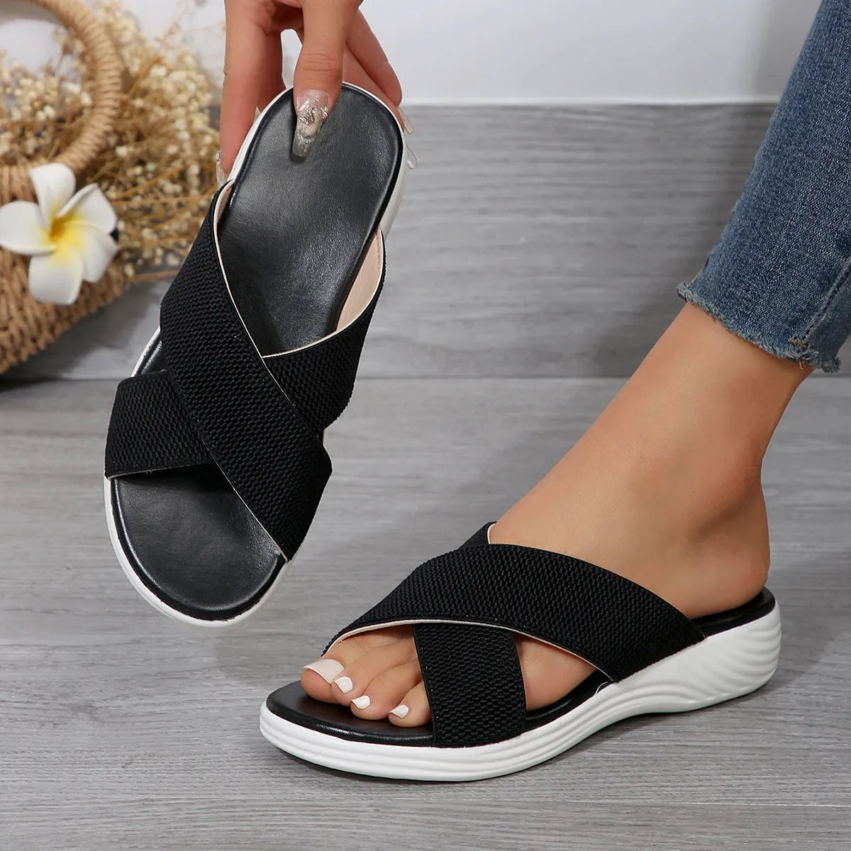 Women's black wedge summer slippers with peep-toe design and thick rubber sole