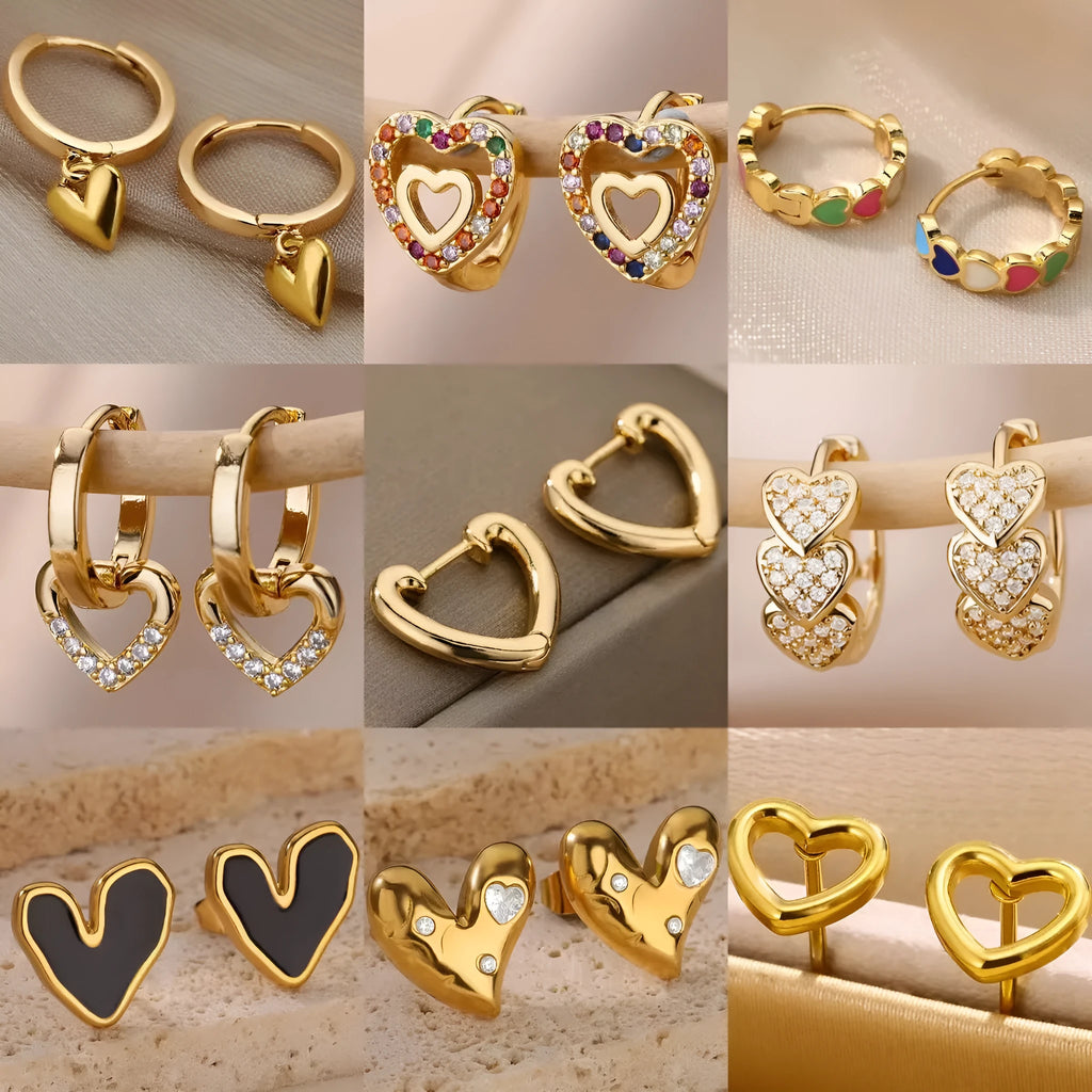 Gold colour heart stud earrings with zircon stone and clip fastening for women