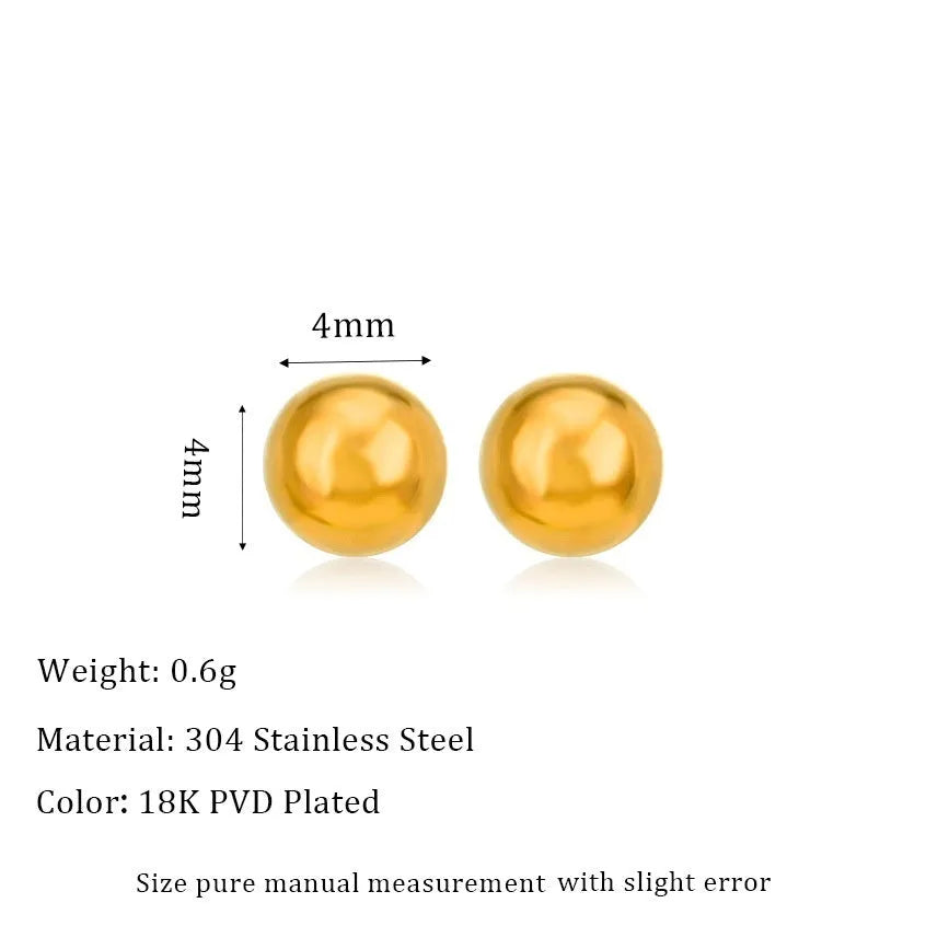 Minimalist 18K gold plated titanium steel ball stud earrings in 3mm, 4mm, 5mm, and 6mm sizes for women.